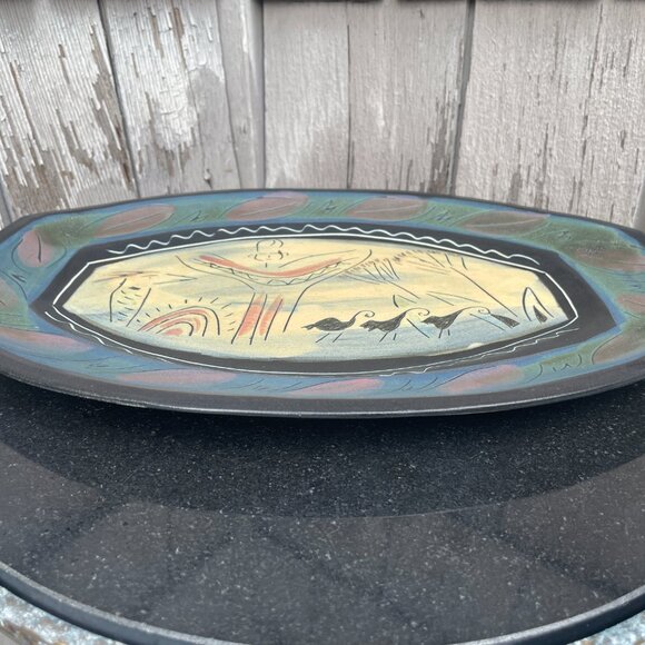 Laurie Rolland Signed Pottery Platter Dish Canadian Artist Stylized Nature Birds - Picture 5 of 7